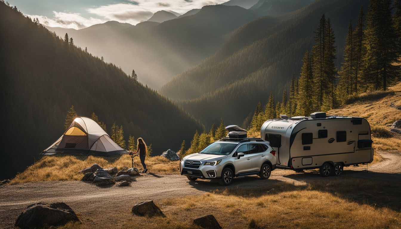 A Subaru SUV tows a camper through a scenic mountain landscape.