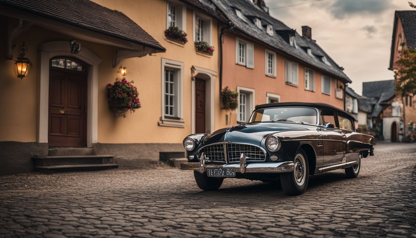 A vintage Studebaker car parked in front of a picturesque German village.
