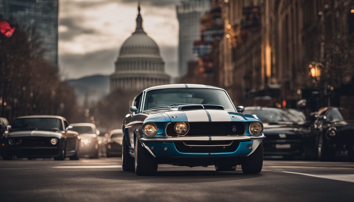 A Shelby American car is surrounded by iconic landmarks from different countries.