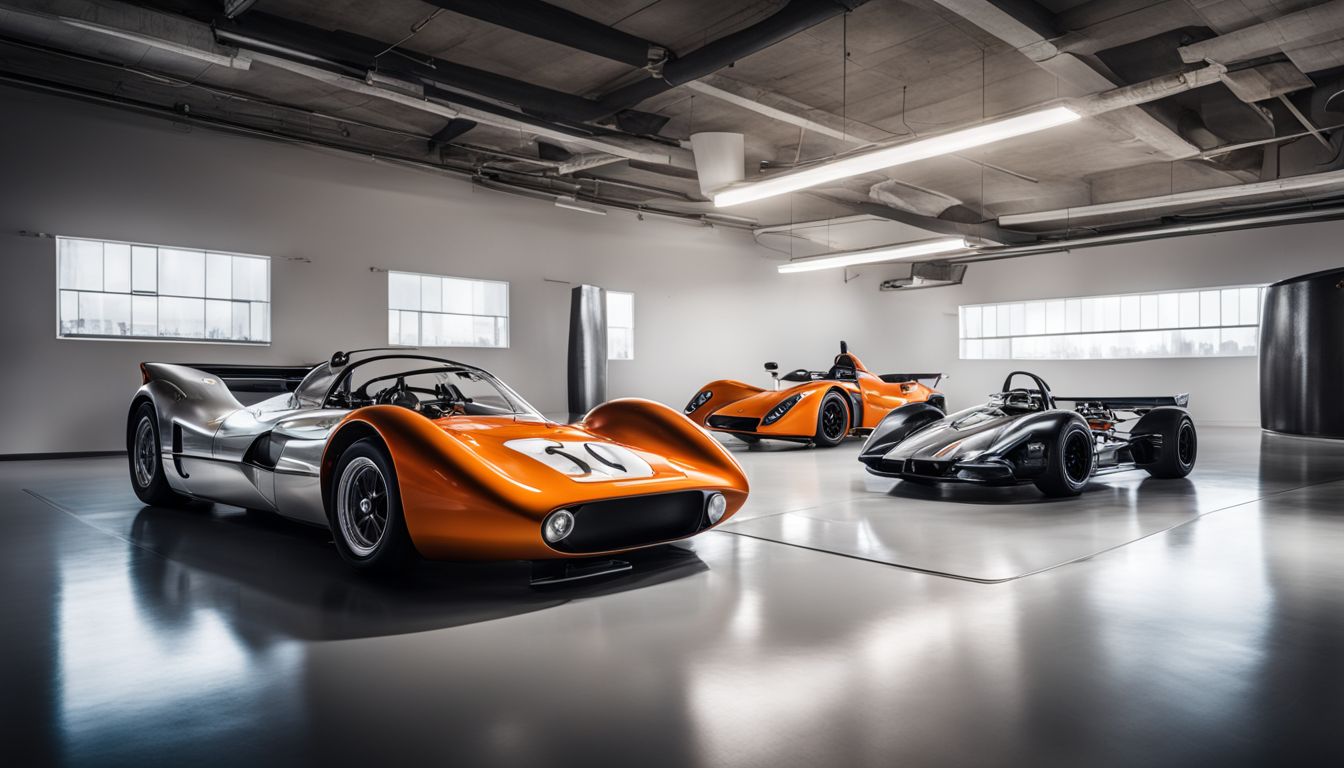 Gordon Murray's race car designs showcased in a futuristic automotive studio.