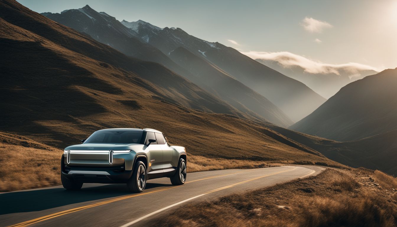 A futuristic Rivian electric vehicle driving through a scenic landscape.