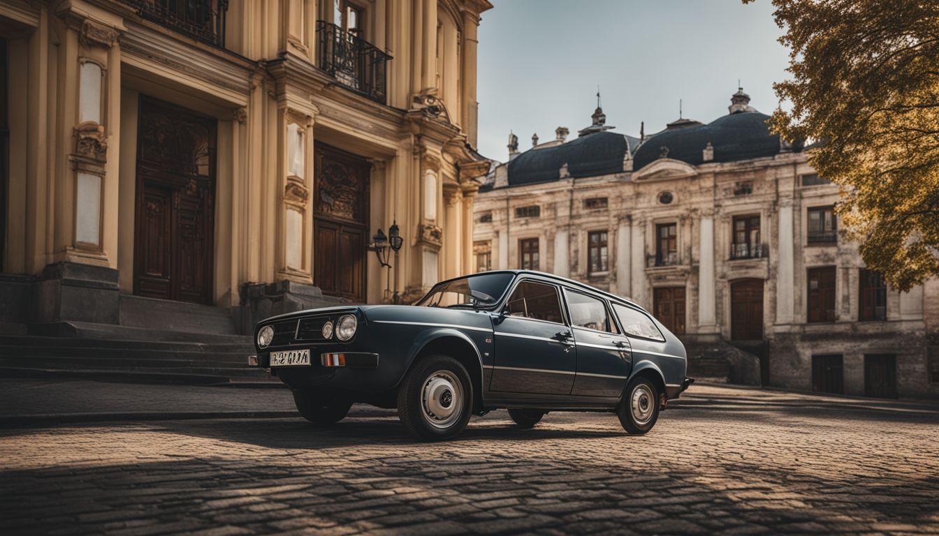 A vintage Dacia car parked in front of a historic Romanian building.