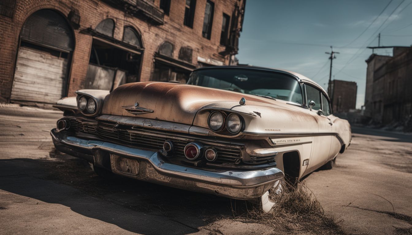 A vintage Oldsmobile car in an abandoned urban setting.