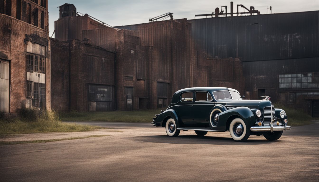 A vintage Packard automobile parked in front of an old factory building.