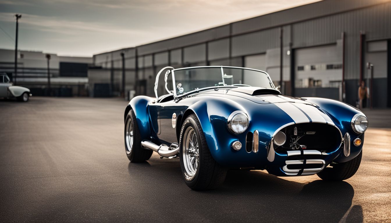 A vintage Shelby Cobra parked in front of the iconic Shelby American factory.