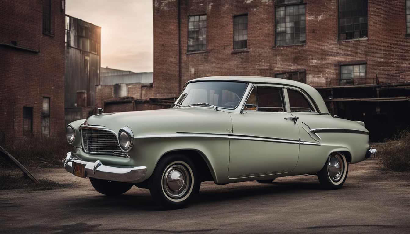 A vintage Studebaker car parked in front of an old factory building.