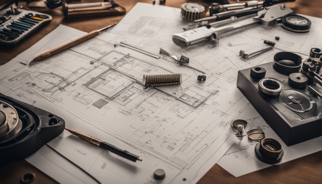 A photo of technical drawings and tools on a drafting table.