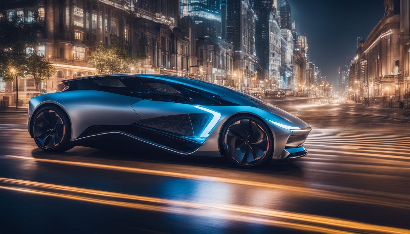 A futuristic electric car drives through a bustling city at night.