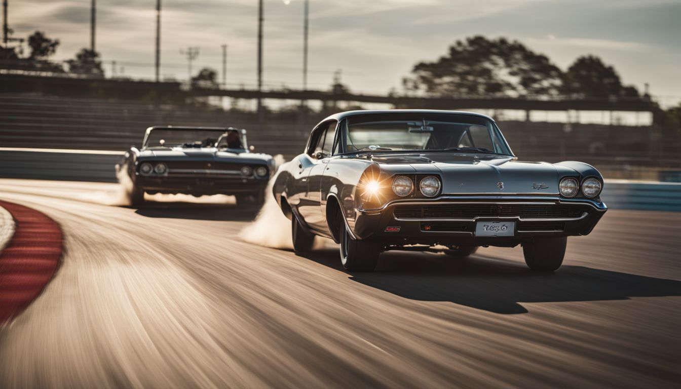 A vintage Oldsmobile car racing on a track, showcasing performance capabilities.