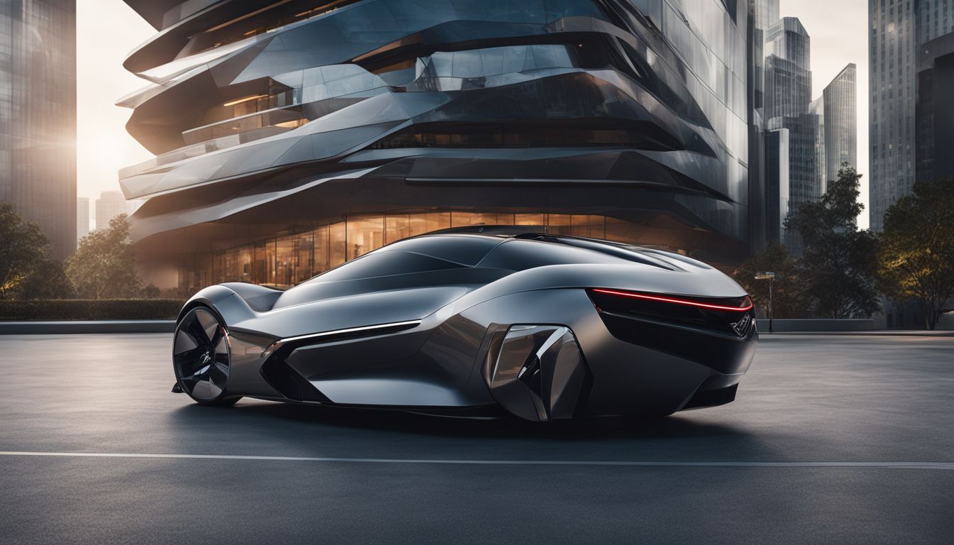A futuristic car parked in front of a modern building.