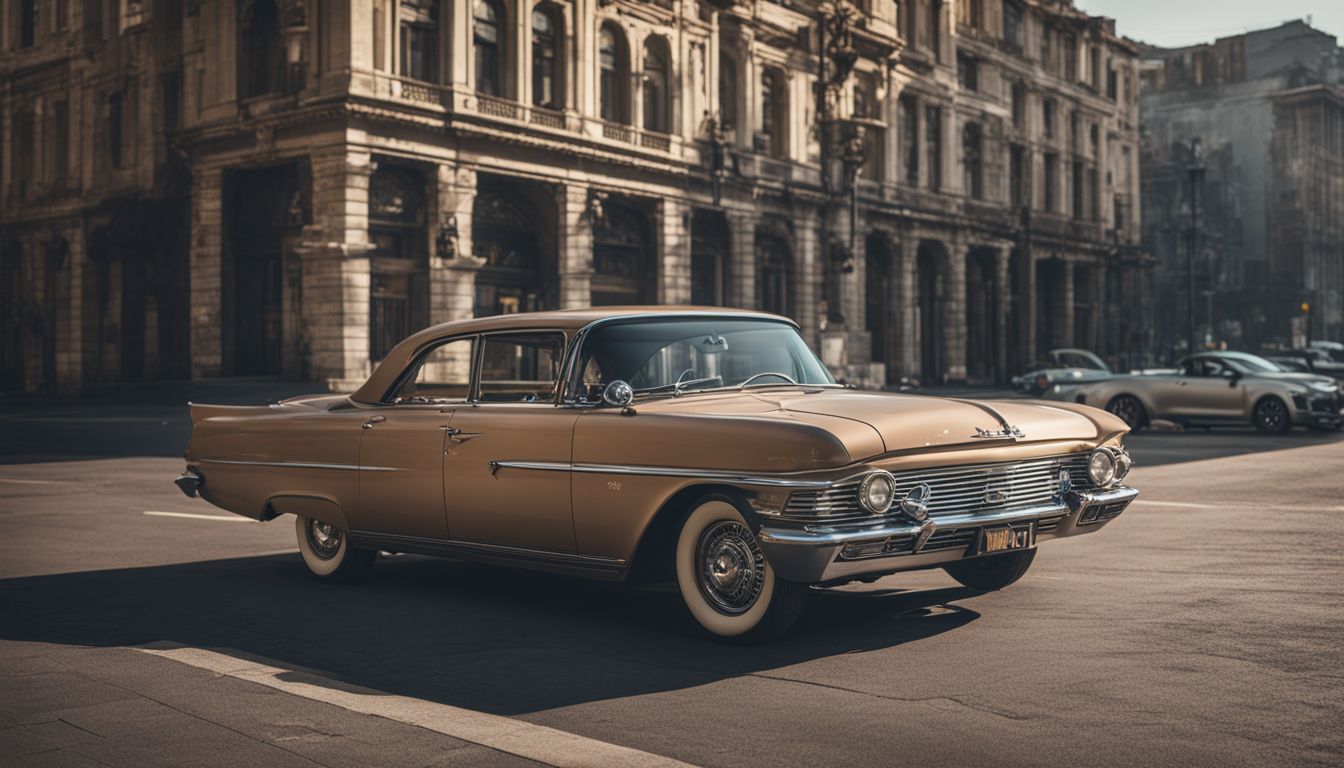 A vintage car in a deserted urban landscape captured in vivid detail.
