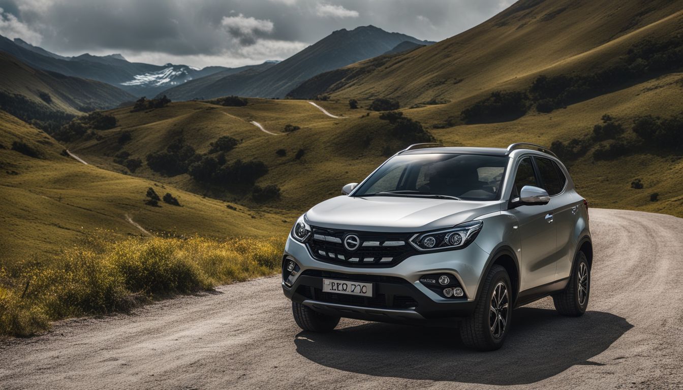 A scenic mountain road with The Korando parked surrounded by breathtaking landscapes.