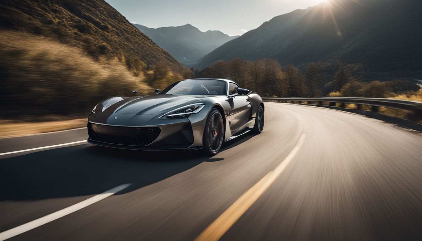 A stylish sports car races through a scenic mountain road.