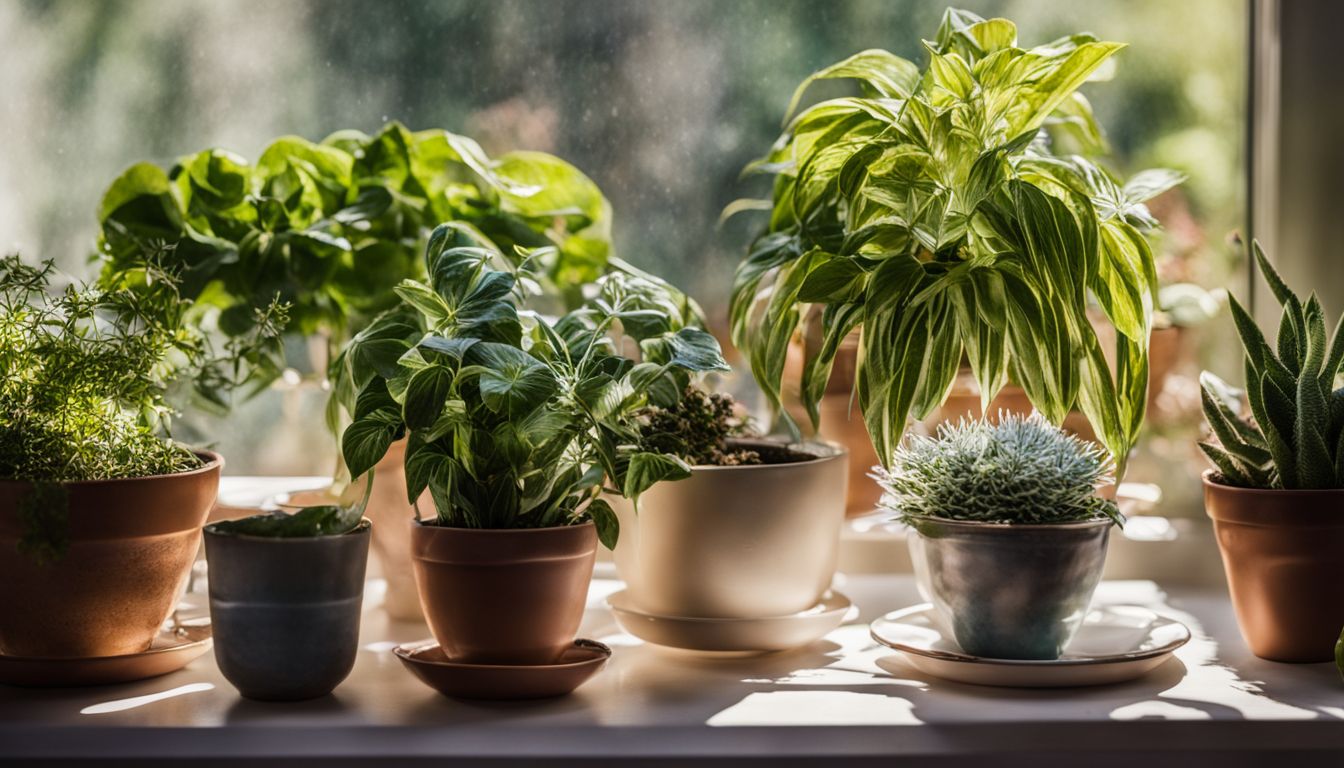 A collection of diverse plants sits on a sunny windowsill.