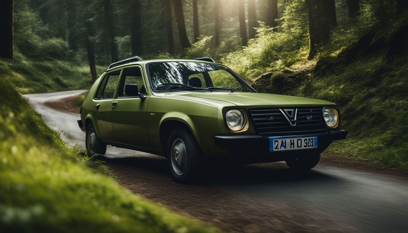 A Dacia car driving through a lush green forest in photorealistic detail.