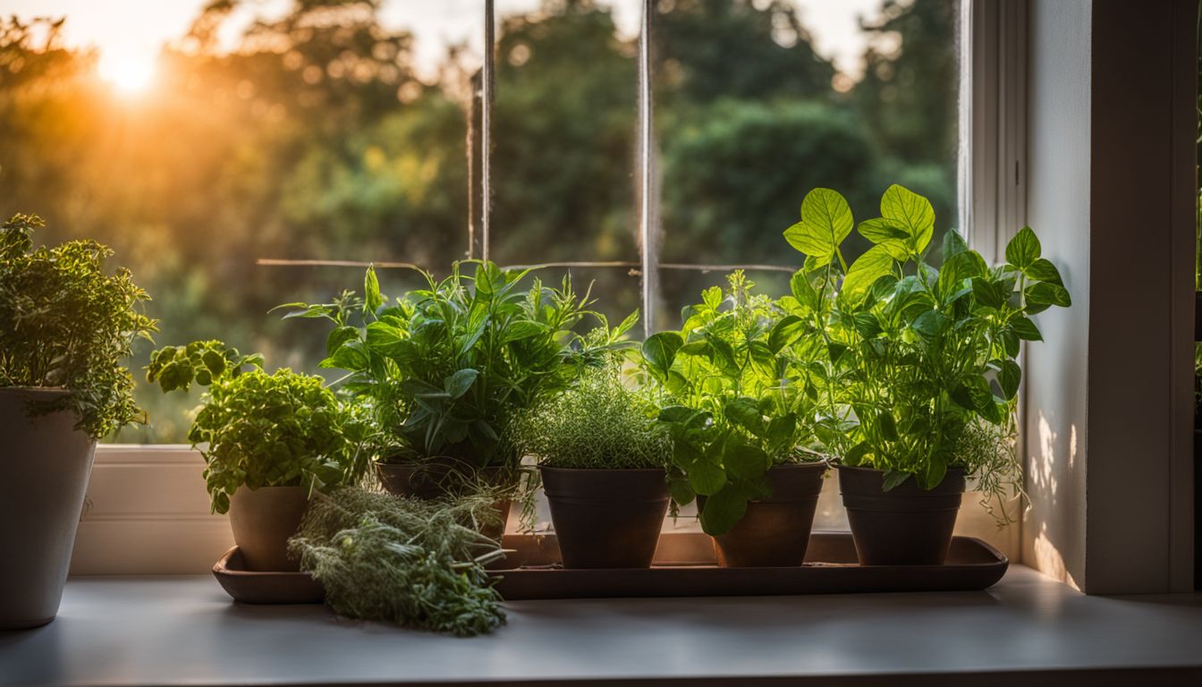 A kitchen garden window filled with lush plants and herbs.