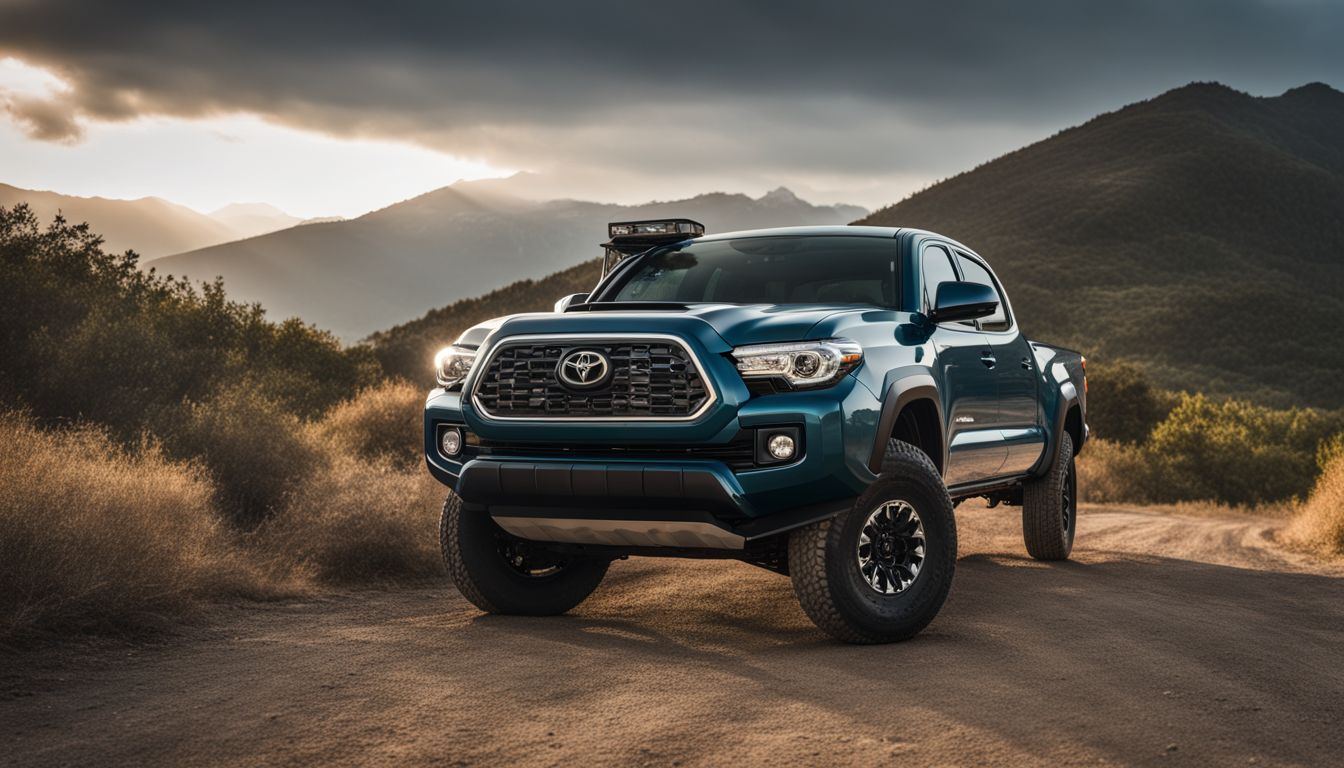 An empty Toyota Tacoma parked against a scenic mountain backdrop.
