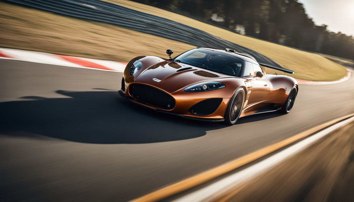 A Spyker sports car races on a curvy track in motion.