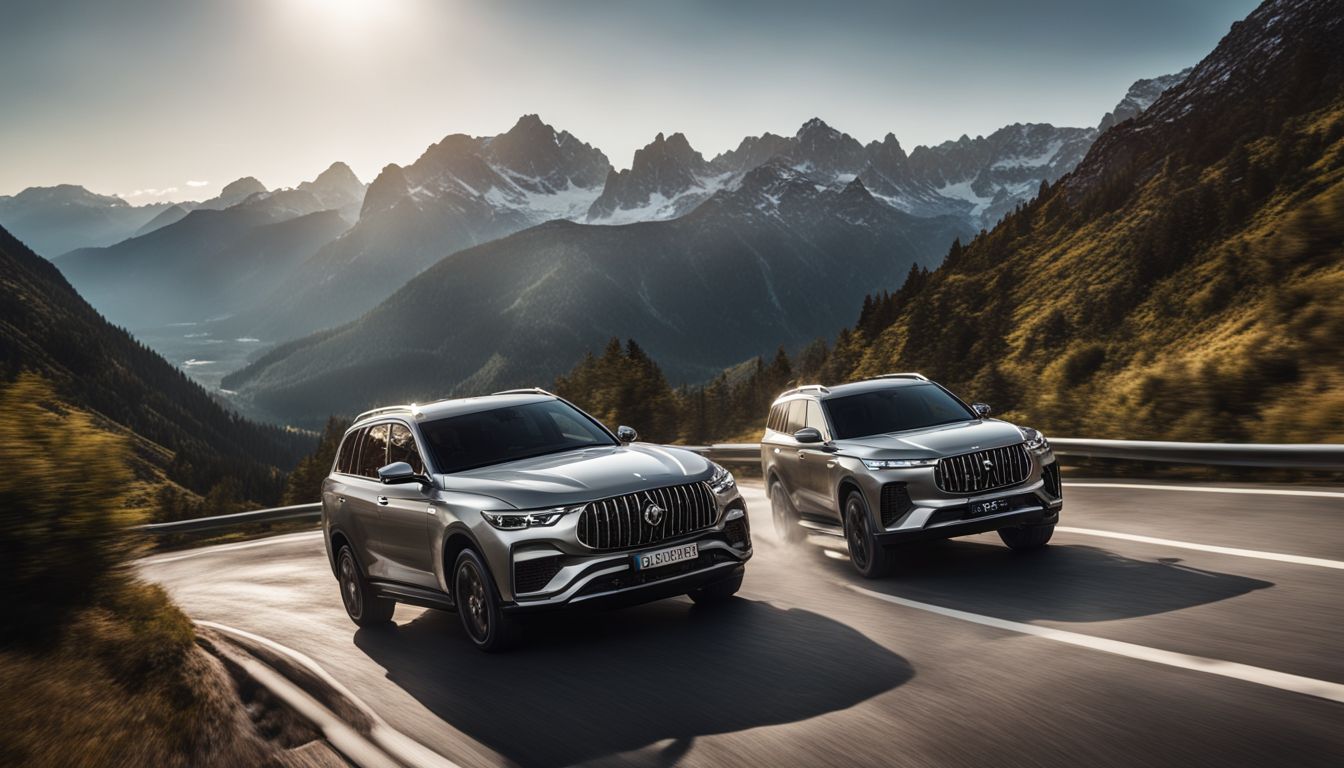 A sleek Musso SUV drives through a scenic mountain road.