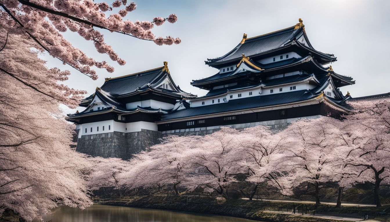 A stylized drawing of Osaka Castle surrounded by cherry blossoms.