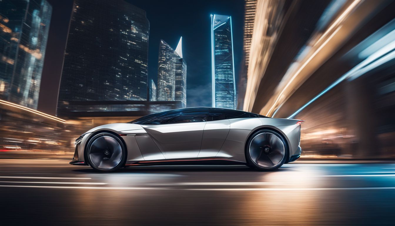 An electric car speeds through a futuristic cityscape at night.