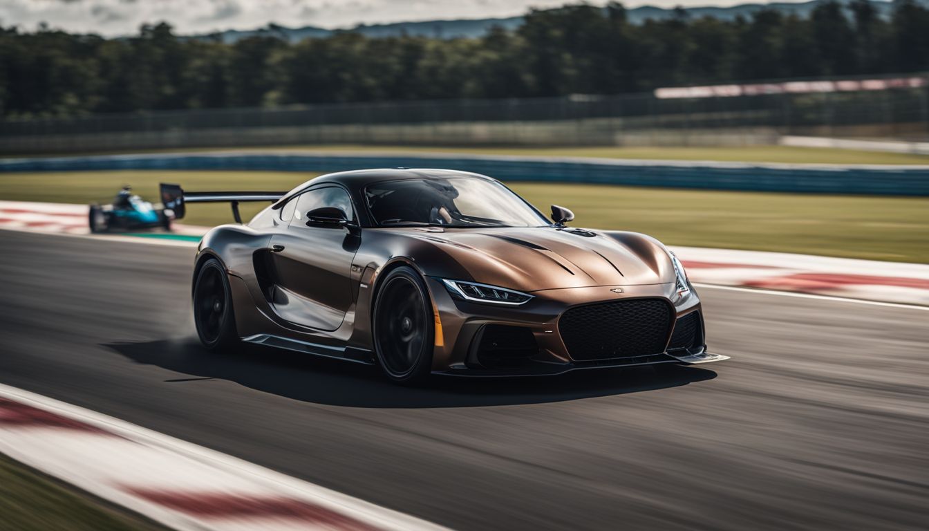 The image showcases a sleek Czinger car speeding on a race track.