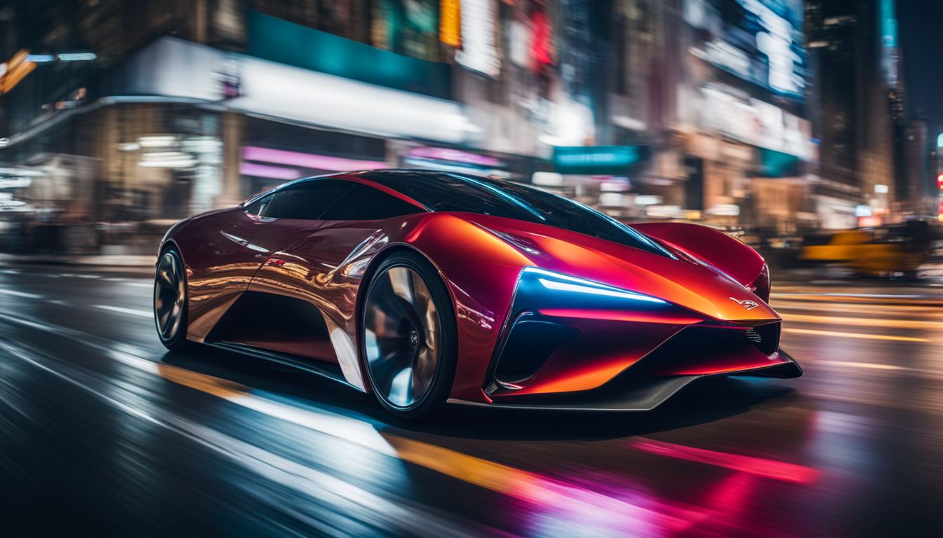 A futuristic concept vehicle speeds through a vibrant cityscape.