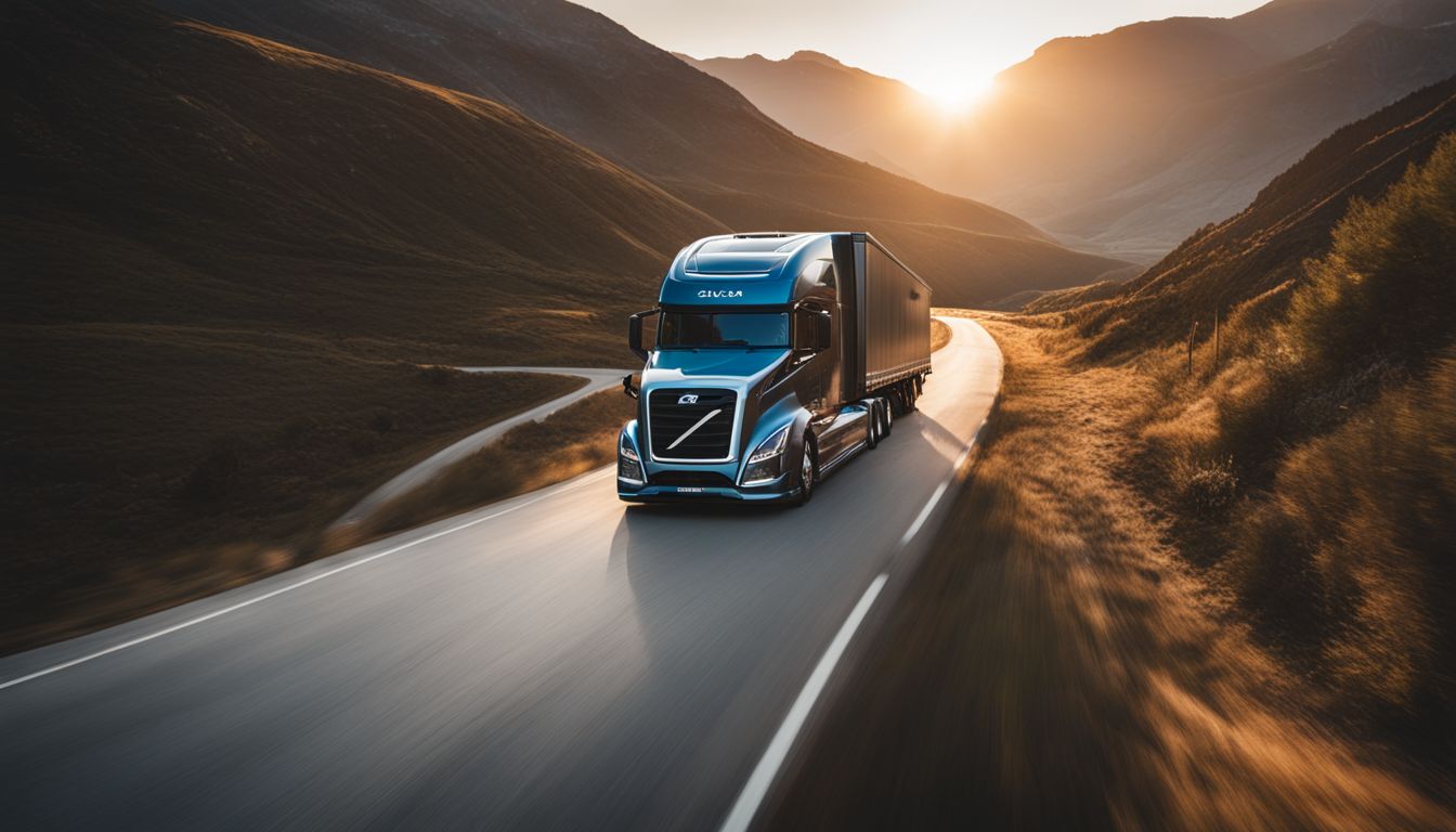 A scenic photo of a Nikola One truck driving through mountains at sunset.
