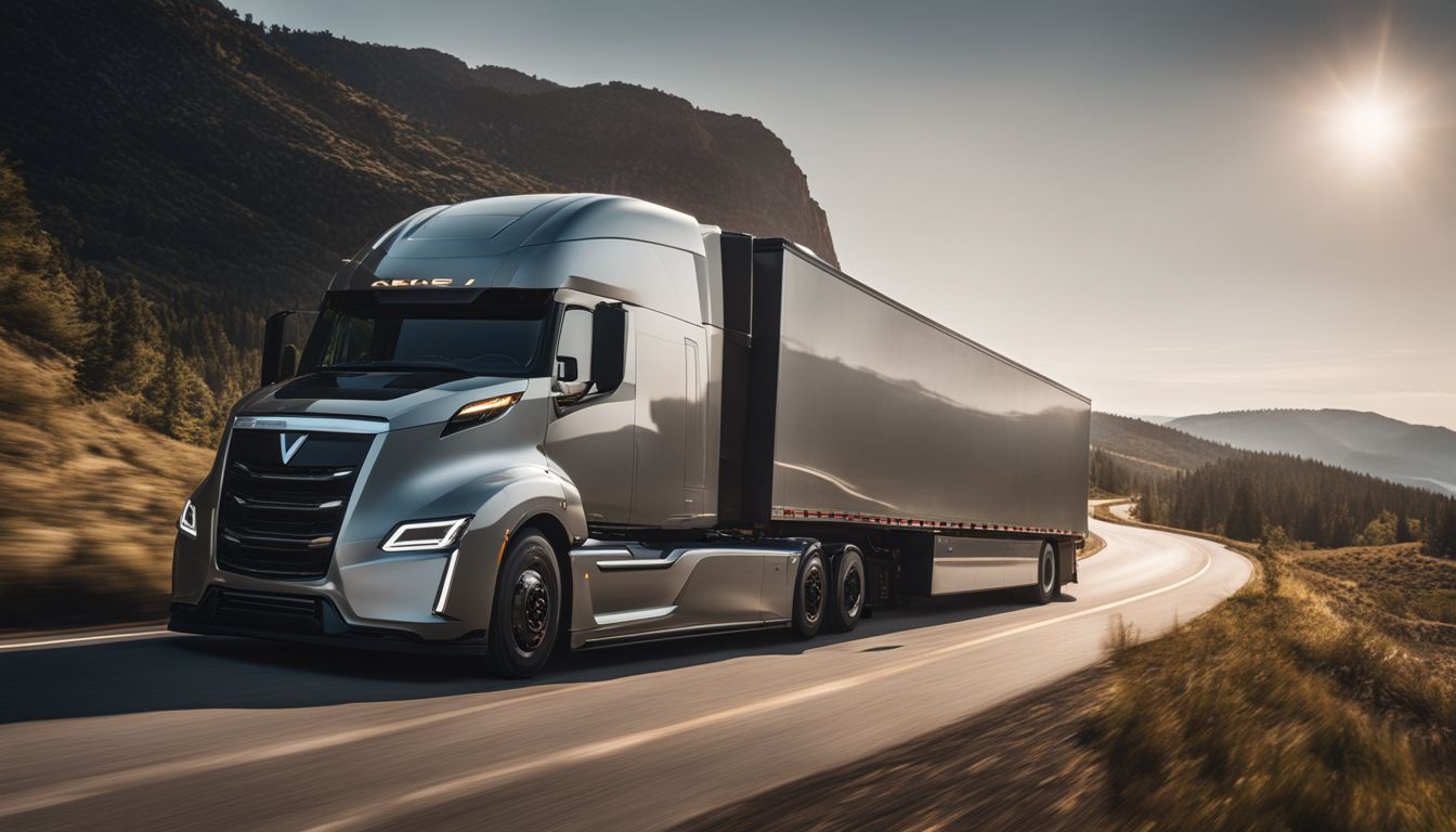 The Nikola Tre truck driving on a scenic highway.