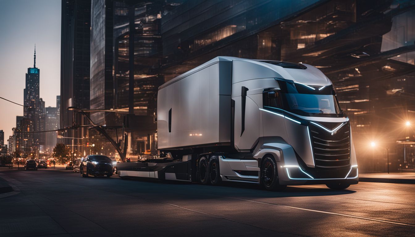 A futuristic cityscape with a parked Nikola Two truck at dusk.