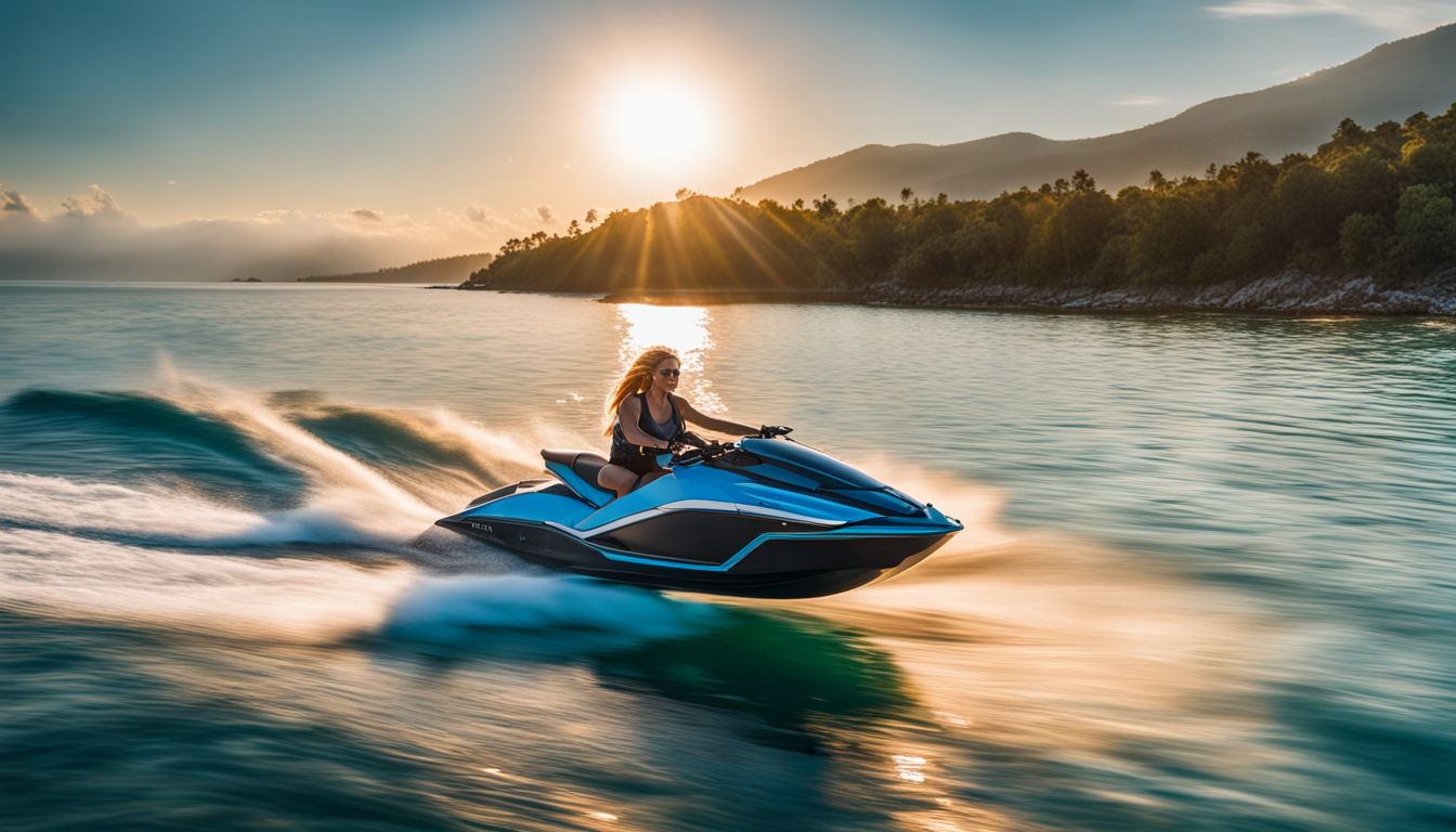 A sleek electric watercraft gliding through crystal clear blue waters.