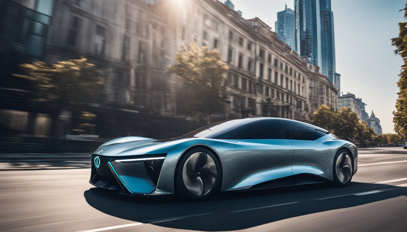 A high-performance Nio electric car speeds through a futuristic city.