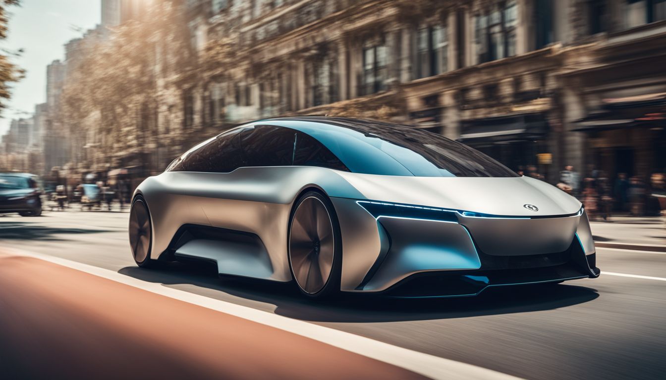 A futuristic electric vehicle drives on a bustling city street.