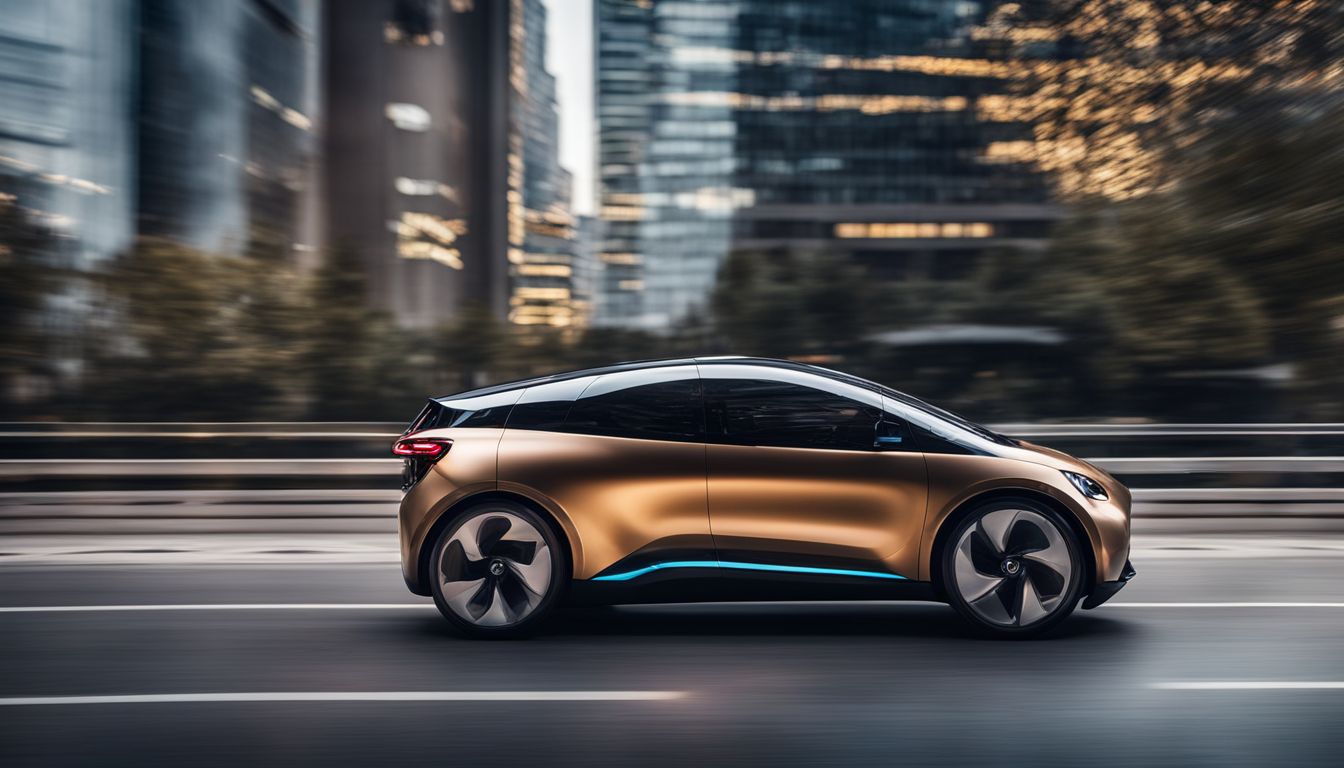 A futuristic smart electric car glides through a modern cityscape.