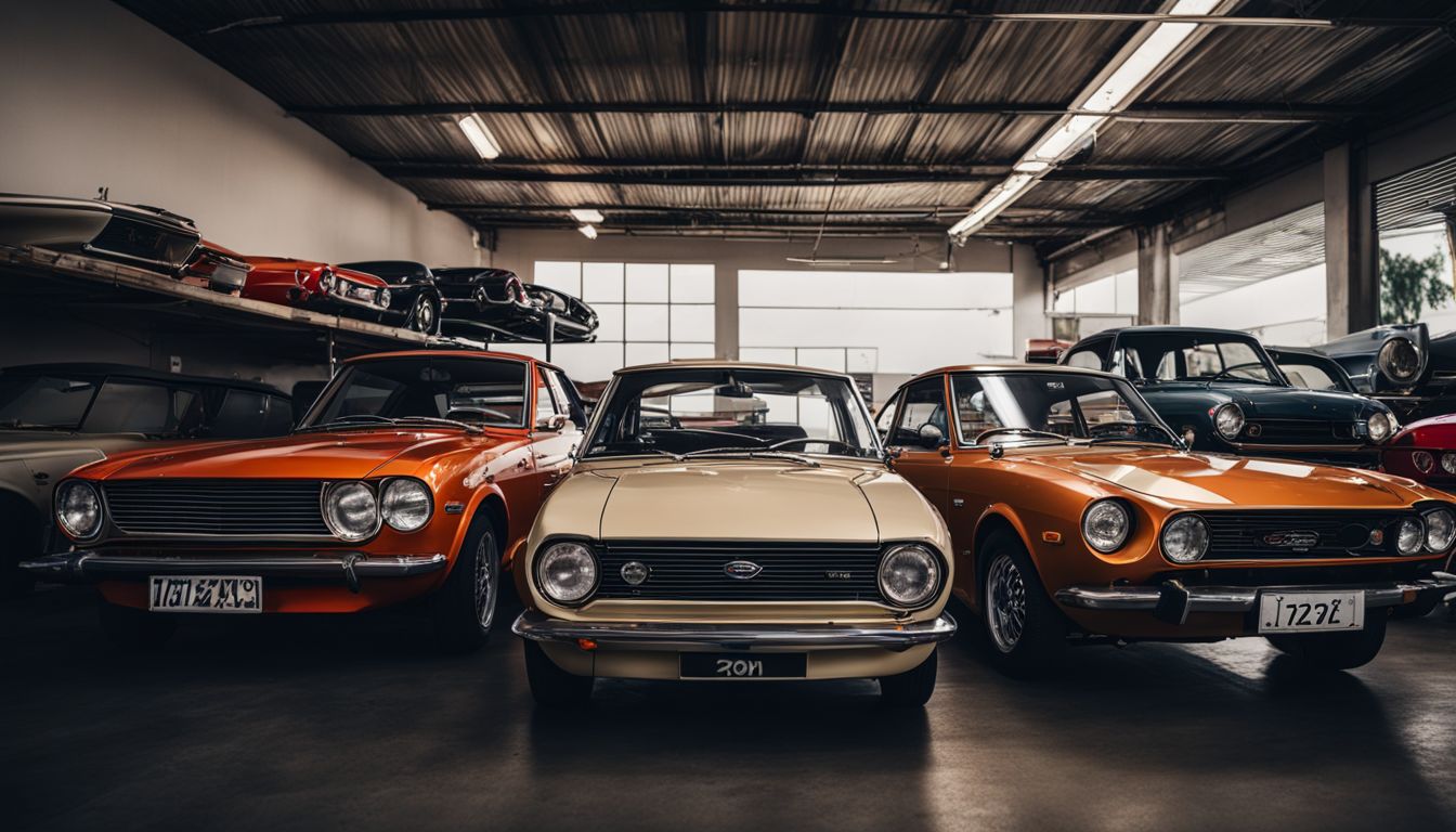 A collection of vintage Datsun cars parked in a retro-inspired garage.