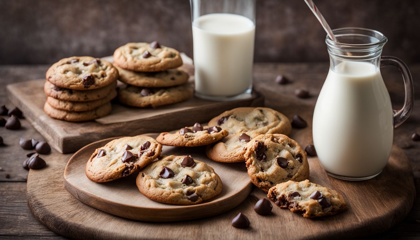 A plate of fresh chocolate chip cookies and a glass of milk.