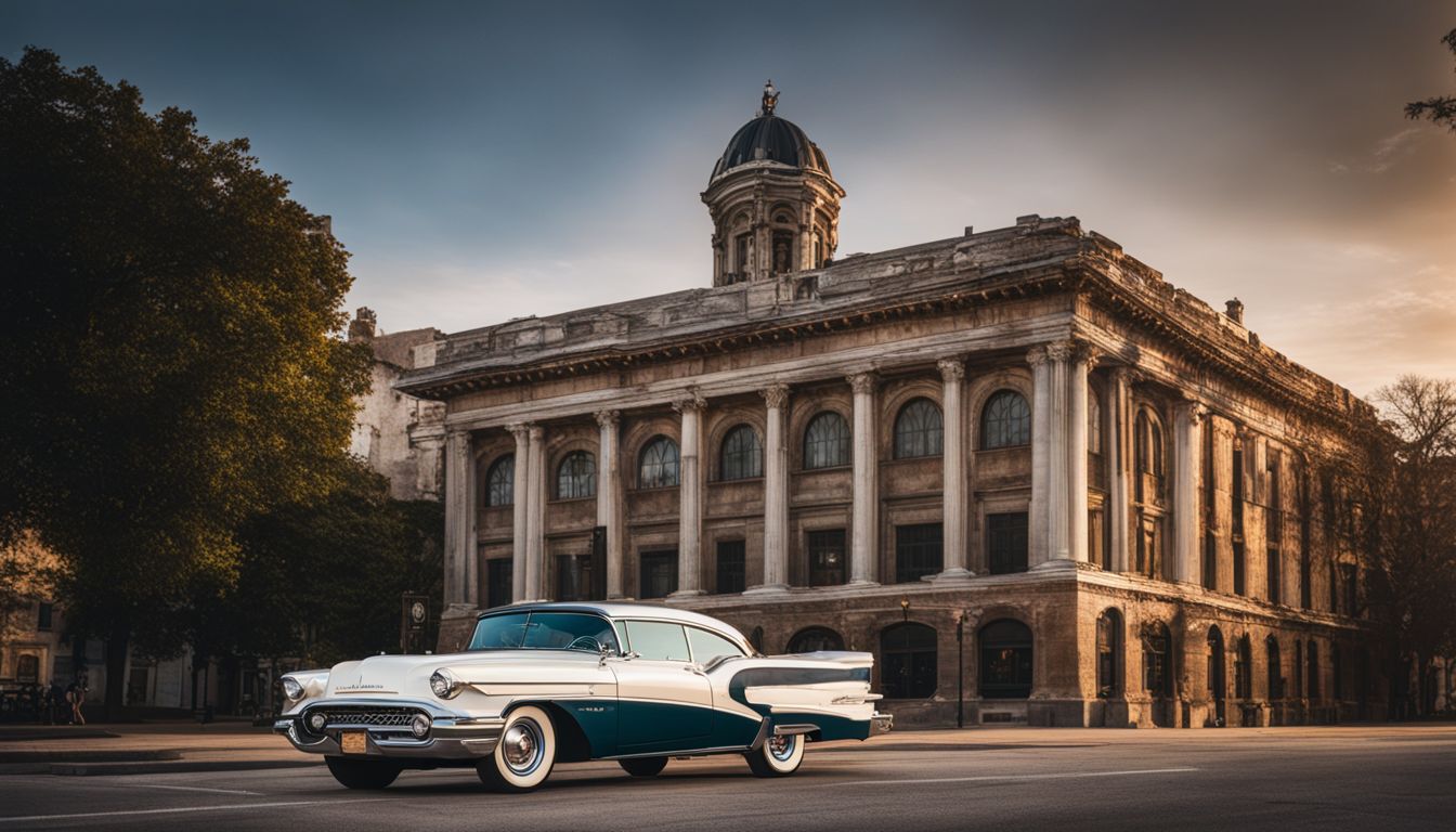 A vintage Oldsmobile parked in front of a historic American building.
