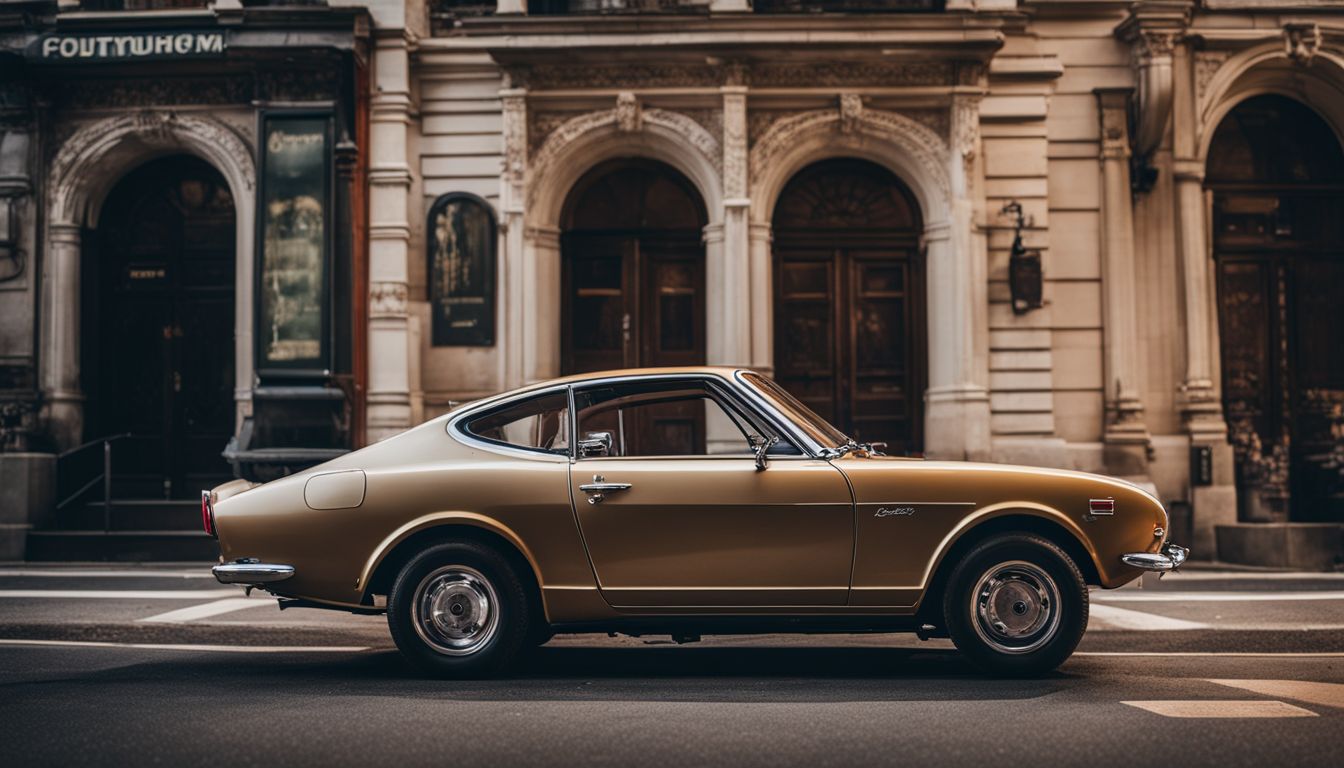 The photo showcases a vintage Datsun car parked on a historic street.
