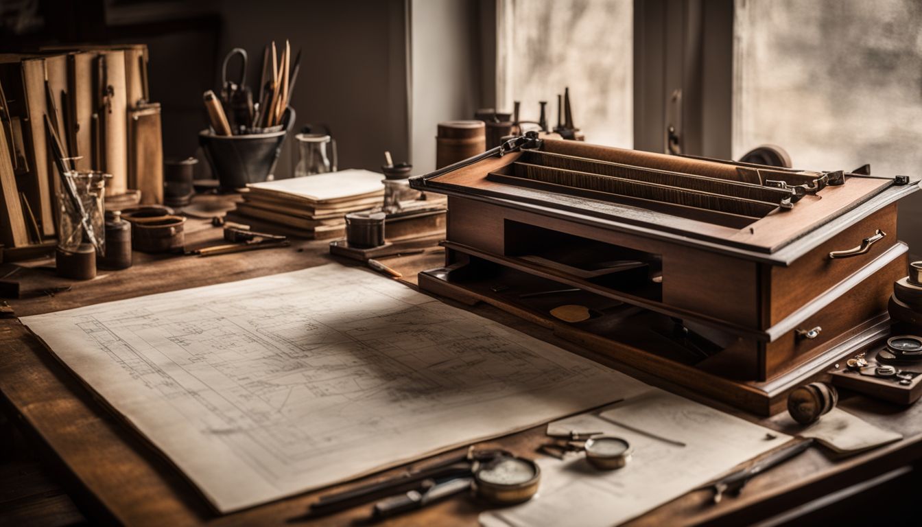 A still life photograph of an antique drafting desk surrounded by vintage drafting tools.