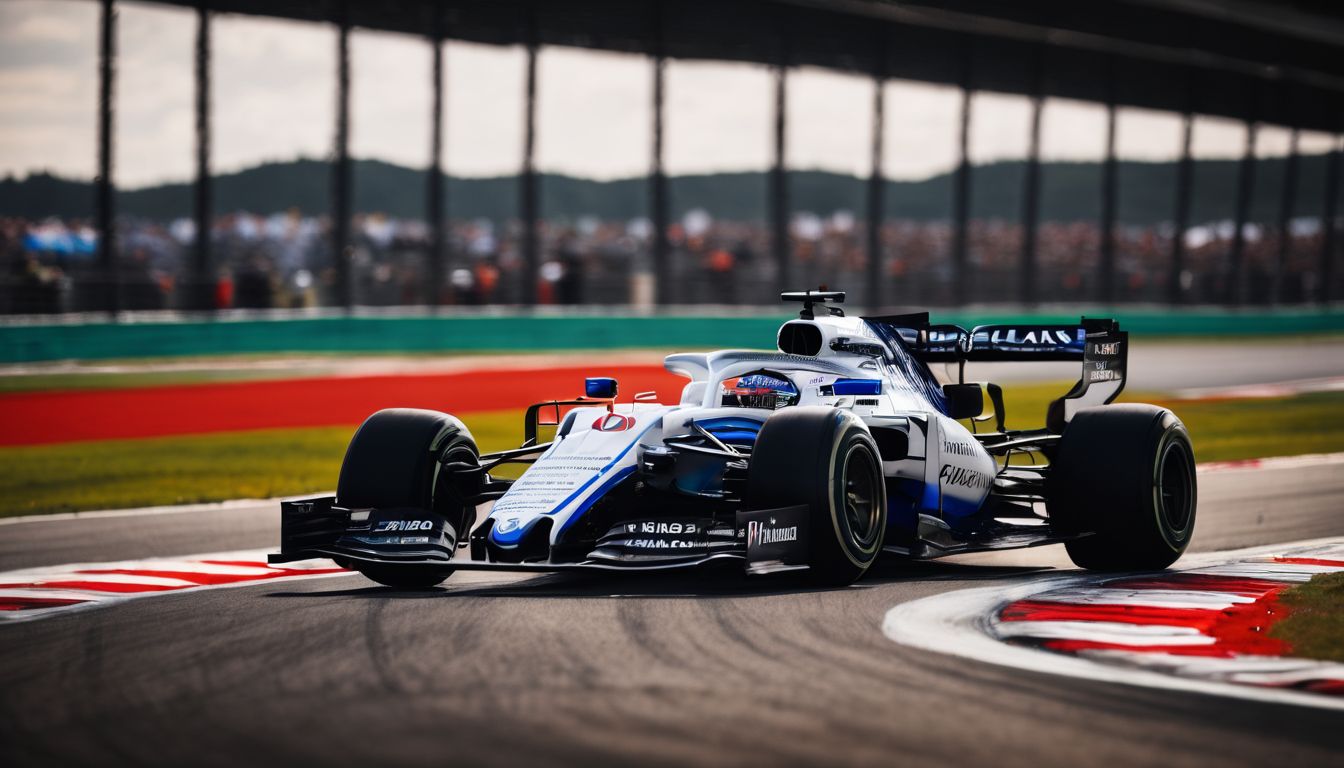 A Formula 1 car racing on a track surrounded by the Williams logo.