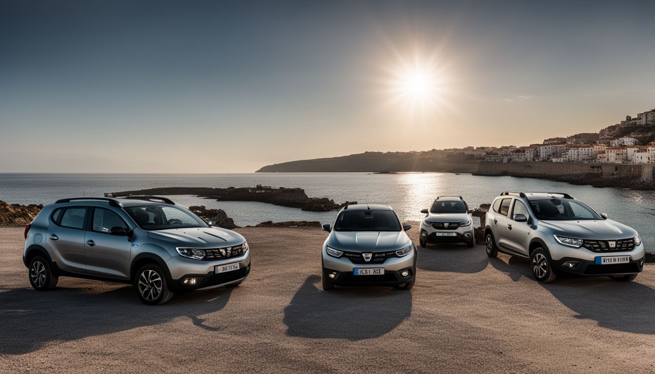 A fleet of Dacia cars parked by the seashore in a Mediterranean coastal town.