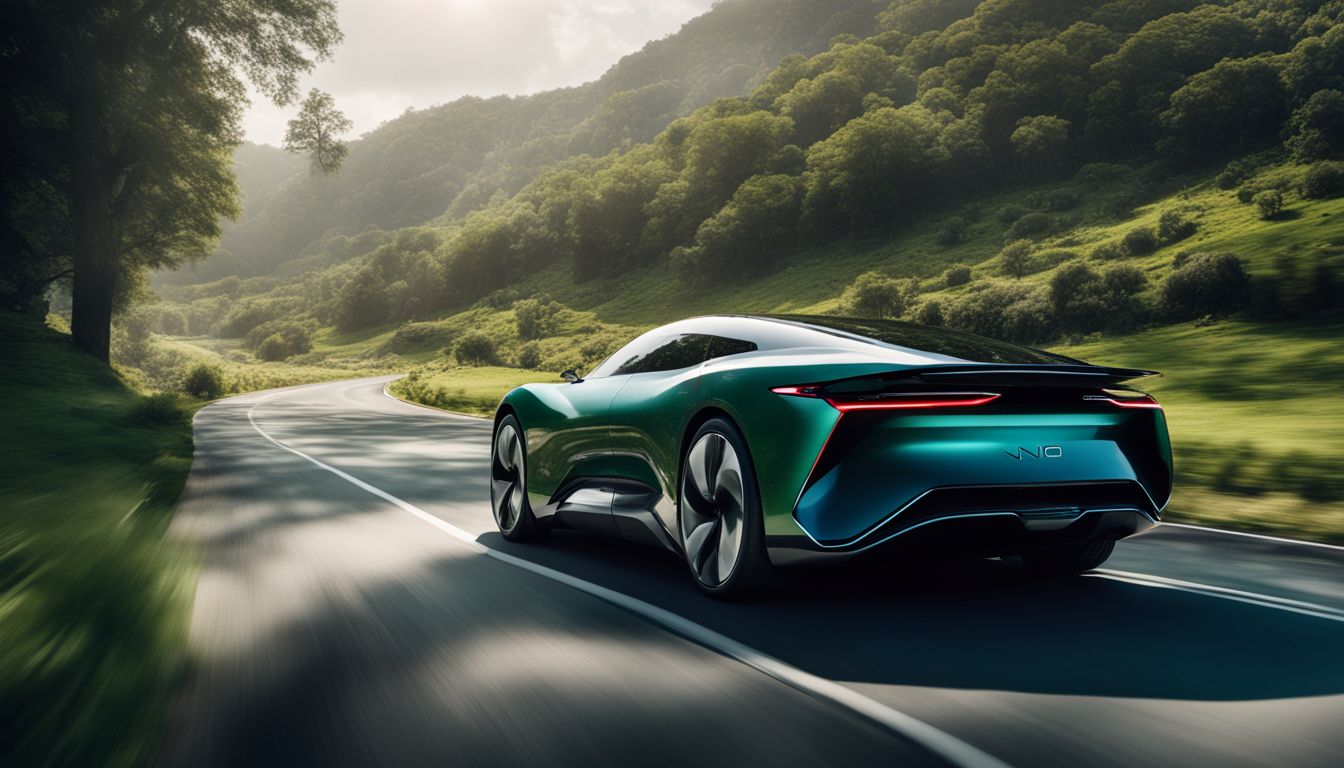 A futuristic Nio electric car driving through a lush green landscape.