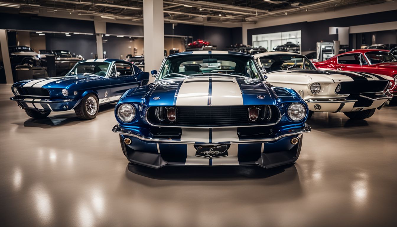 A lineup of vintage Shelby Mustangs in a car showroom.