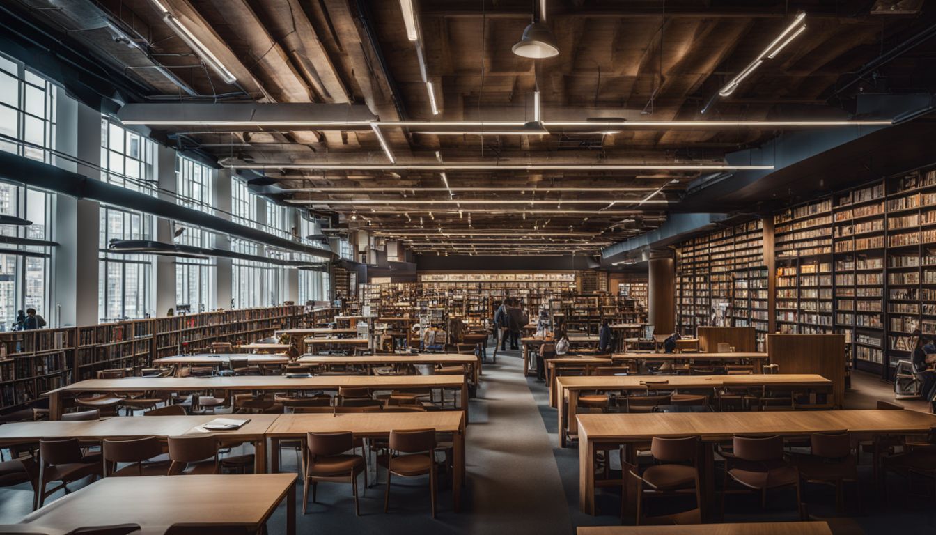 A bustling library scene filled with books, tables, and diverse people.