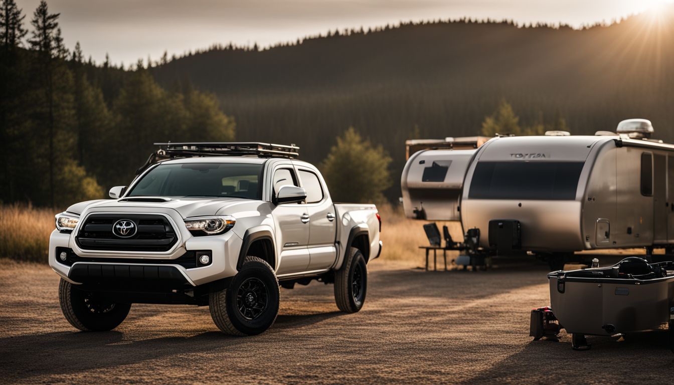 An empty Toyota Tacoma parked in front of a trailer.