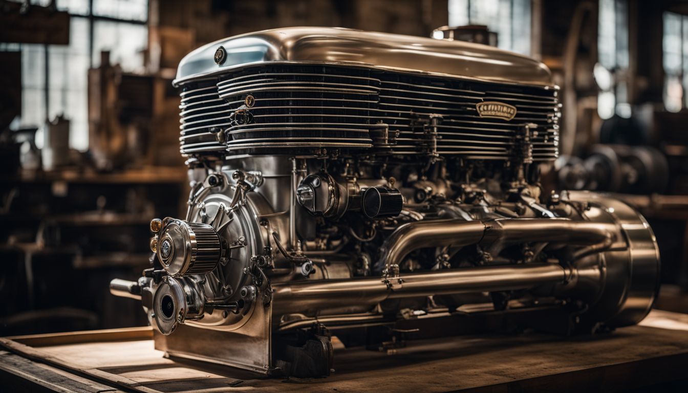 A vintage Packard engine showcased in a well-lit workshop with intricate details.