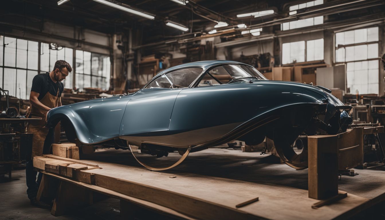 Vintage car body constructed in workshop using Superleggera system, captured in high-quality photograph.