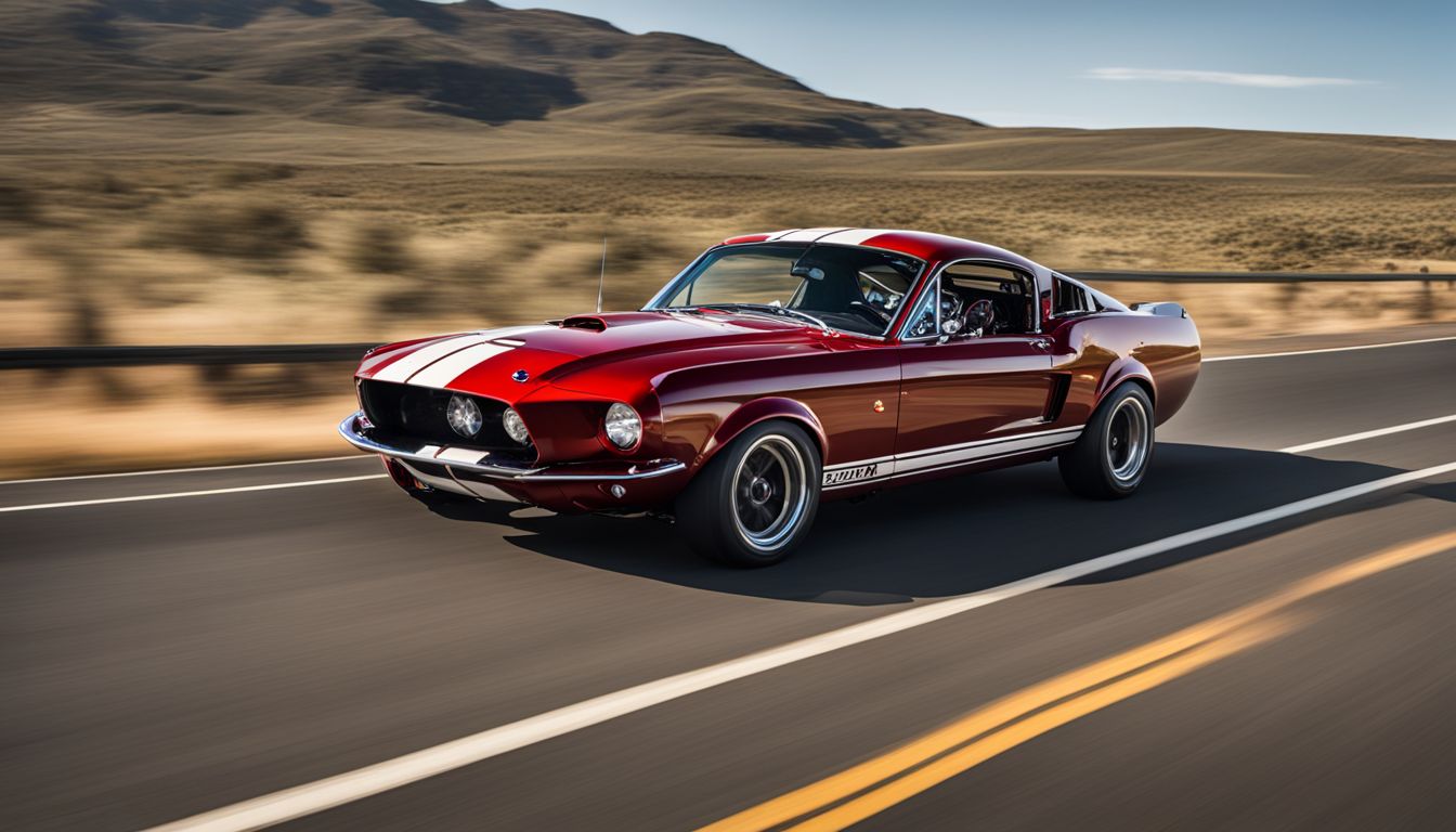 A powerful Shelby car races through scenic landscapes in various countries.