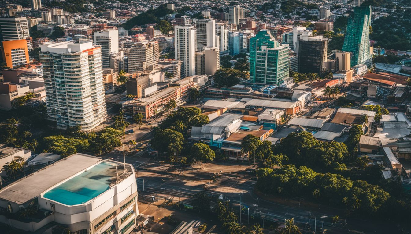 A vibrant cityscape of downtown Port of Spain, Trinidad and Tobago.