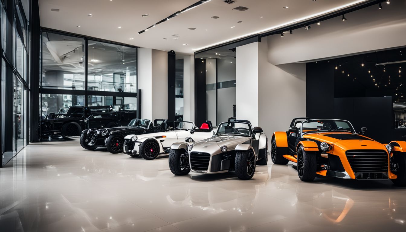 A lineup of Donkervoort cars in a modern showroom.